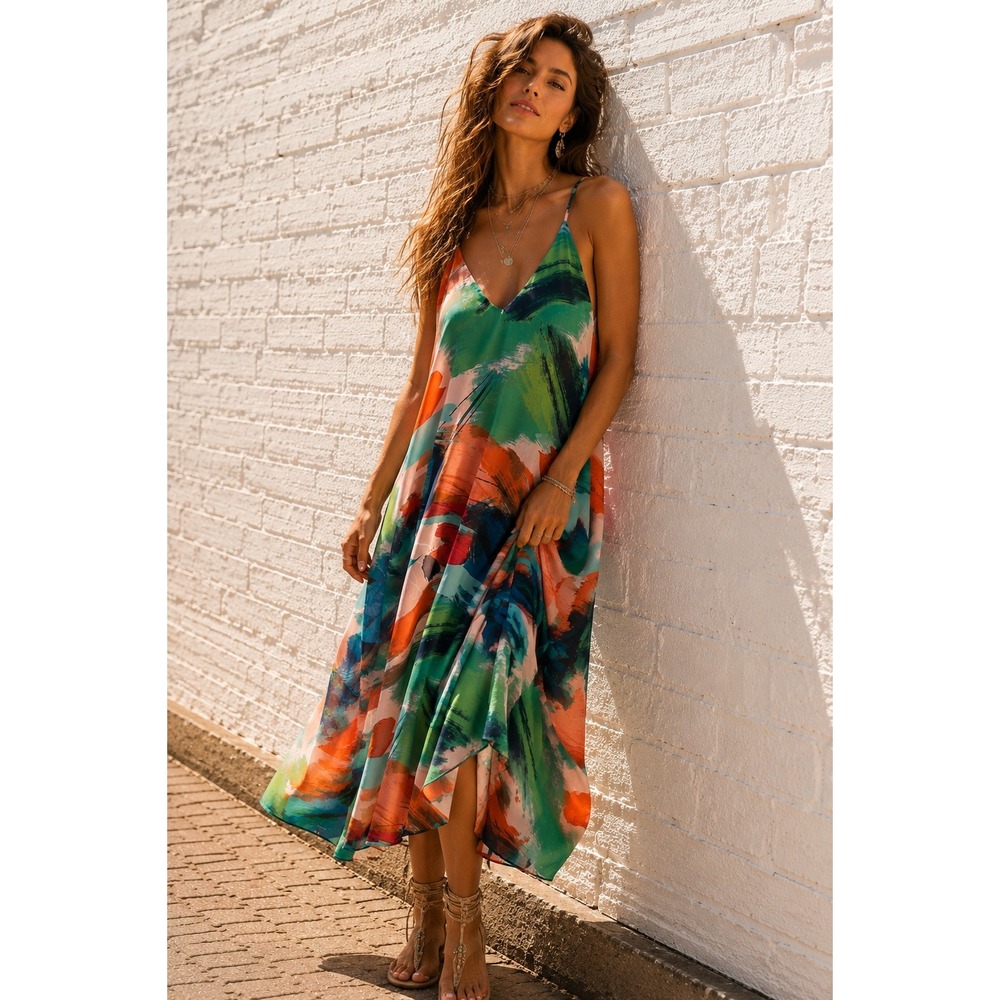 Be by Chetta B Abstract Art Print Chiffon Maxi Dress Slip Shift Flowy Sundress L